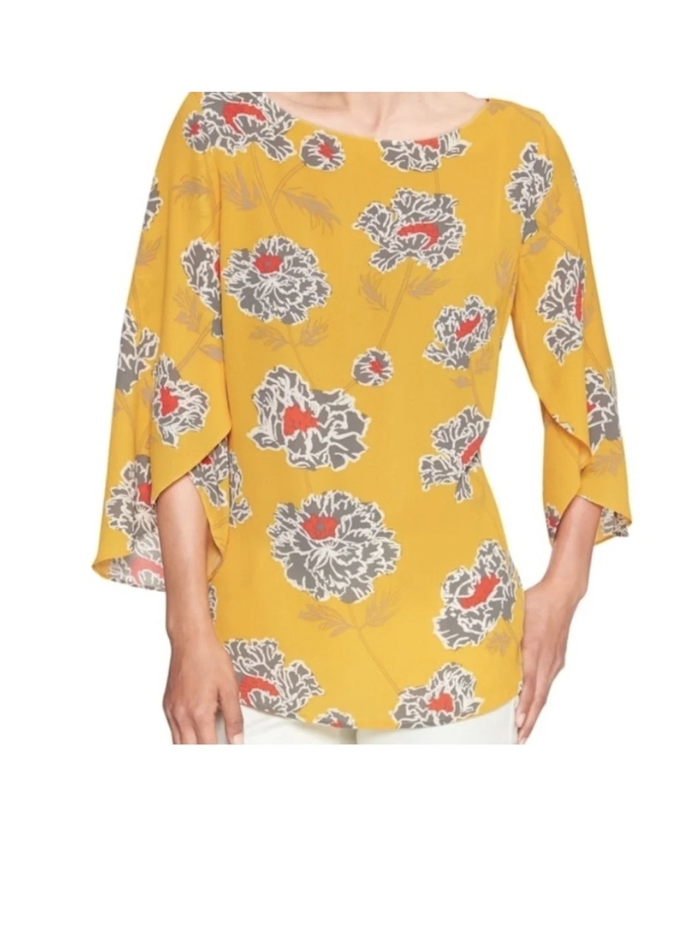 Banana Republic Women's Floral Blouse 3/4 Sleeves Yellow Grey Red